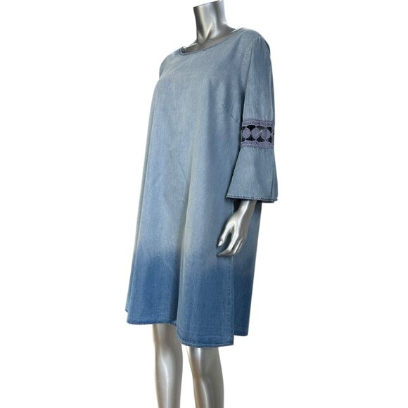 A.N.A Denim Ombre Shift Dress W/ Crochet Bell Sleeves Size 16 - Picture 7 of 8